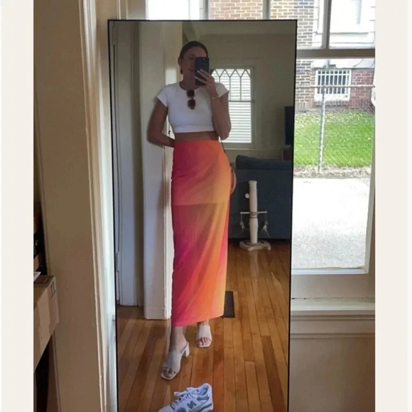 Boskemper Mesh Colorblock Maxi Skirt Sheer Long Ombre Orange - Picture 4 of 15